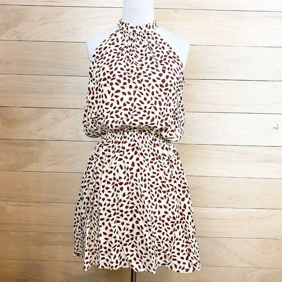 Coeur De Vague Women Ivory Casual Tie Neck Halter High Neck Printed Dress L - Picture 1 of 10